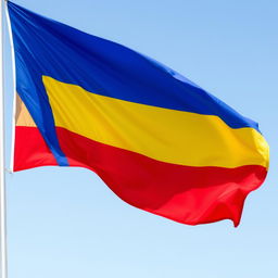 A vibrant flag design featuring bold stripes of blue, yellow, and red