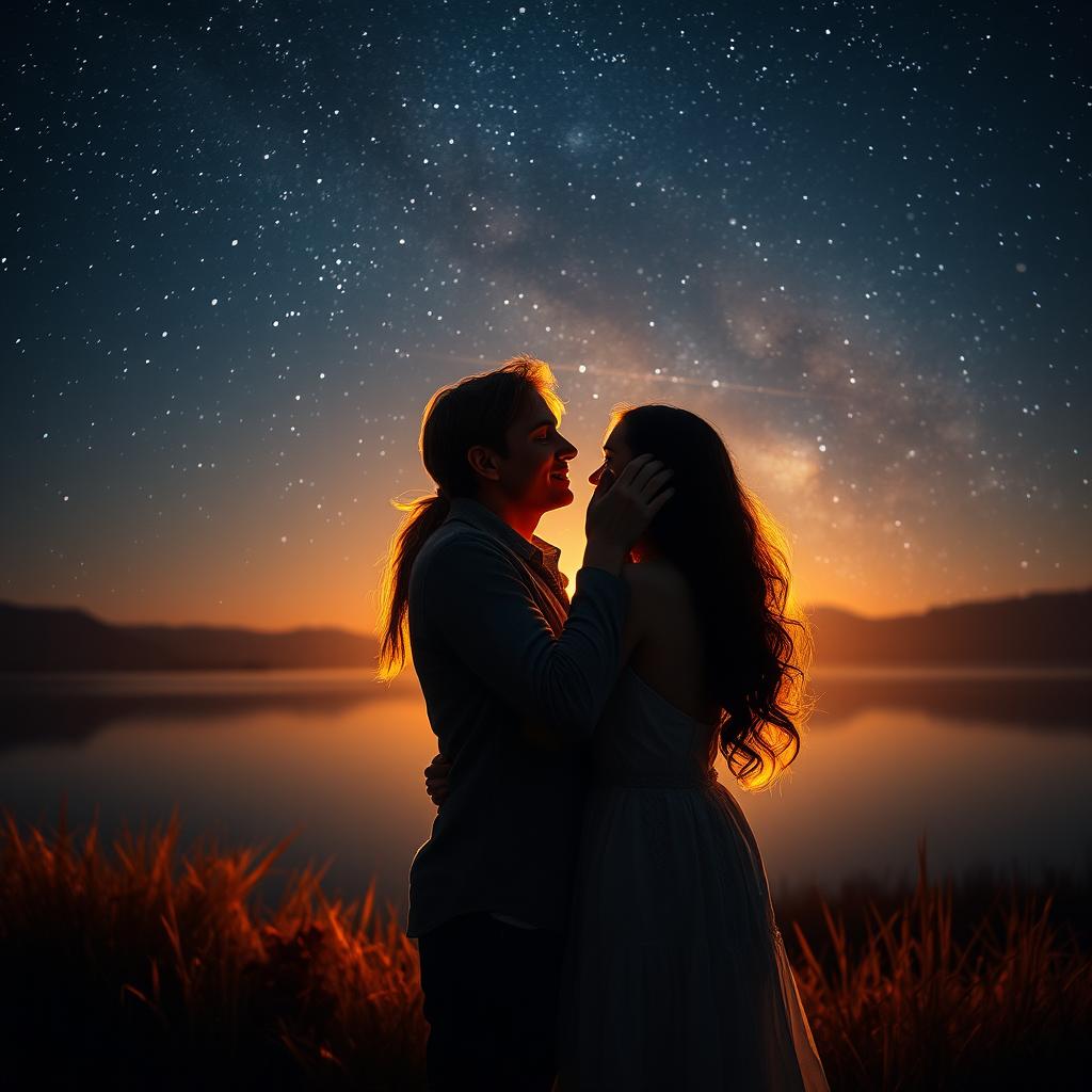 A deeply romantic night under a starry sky, where a couple has rekindled their love