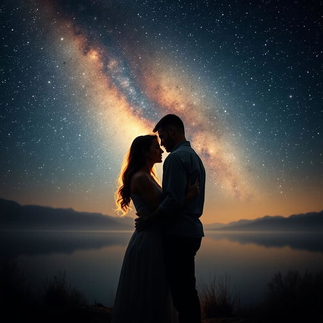 A deeply romantic night under a starry sky, where a couple has rekindled their love