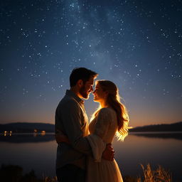 A deeply romantic night under a starry sky, where a couple has rekindled their love