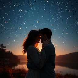 A deeply romantic night under a starry sky, where a couple has rekindled their love