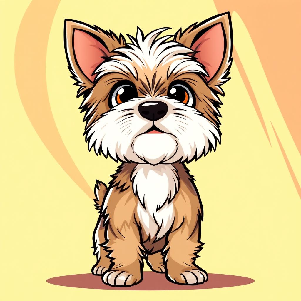 A cartoon-style Yorkshire Terrier, featuring exaggerated cute characteristics like oversized eyes and fluffy fur