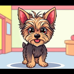 A cartoon-style Yorkshire Terrier, featuring exaggerated cute characteristics like oversized eyes and fluffy fur