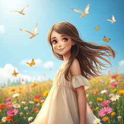 a beautiful and confident girl with flowing hair and expressive eyes, standing in a vibrant meadow filled with colorful wildflowers under a bright blue sky