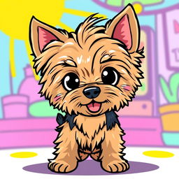 A cartoon-style Yorkshire Terrier, featuring exaggerated cute characteristics like oversized eyes and fluffy fur