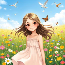 a beautiful and confident girl with flowing hair and expressive eyes, standing in a vibrant meadow filled with colorful wildflowers under a bright blue sky