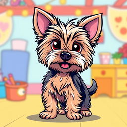 A cartoon-style Yorkshire Terrier, featuring exaggerated cute characteristics like oversized eyes and fluffy fur