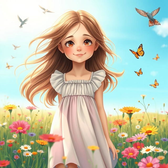 a beautiful and confident girl with flowing hair and expressive eyes, standing in a vibrant meadow filled with colorful wildflowers under a bright blue sky