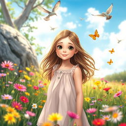 a beautiful and confident girl with flowing hair and expressive eyes, standing in a vibrant meadow filled with colorful wildflowers under a bright blue sky