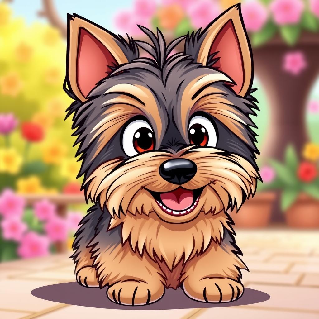 A Yorkshire Terrier rendered in a Disney-like cartoon style, featuring large expressive eyes and an exaggerated, fluffy coat