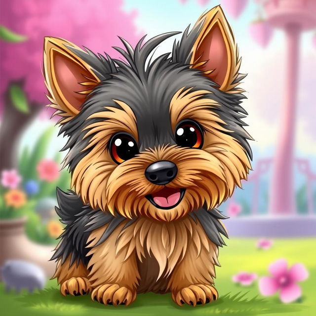 A Yorkshire Terrier rendered in a Disney-like cartoon style, featuring large expressive eyes and an exaggerated, fluffy coat