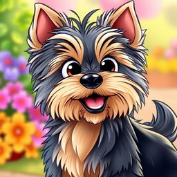 A Yorkshire Terrier rendered in a Disney-like cartoon style, featuring large expressive eyes and an exaggerated, fluffy coat