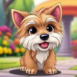 A Yorkshire Terrier rendered in a Disney-like cartoon style, featuring large expressive eyes and an exaggerated, fluffy coat