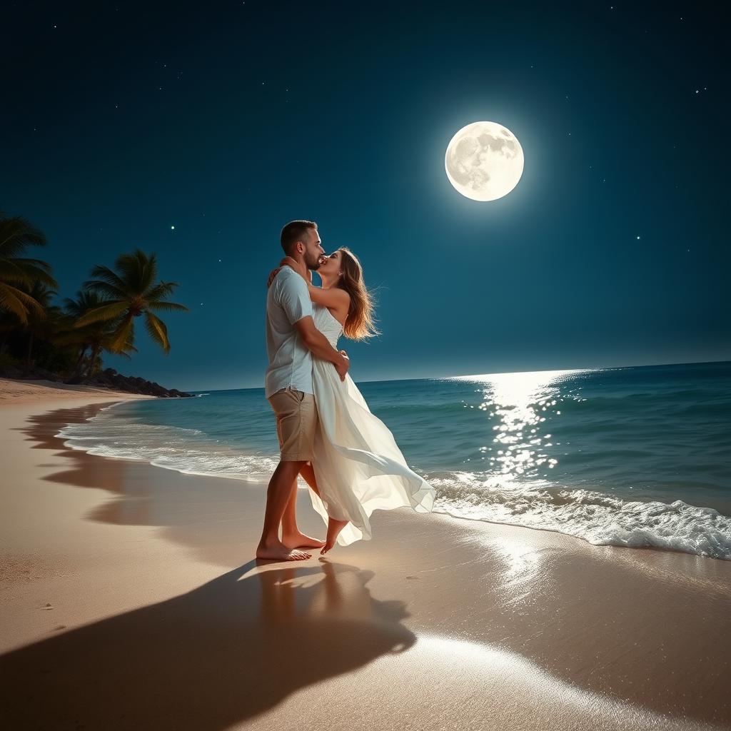 A romantic scene of a couple kissing under the moonlight on a beach