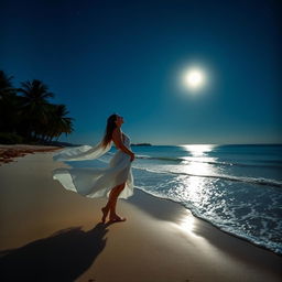 A romantic scene of a couple kissing under the moonlight on a beach