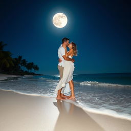 A romantic scene of a couple kissing under the moonlight on a beach