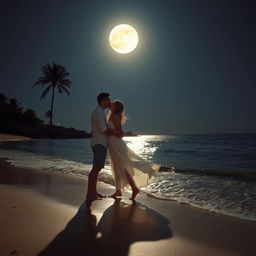 A romantic scene of a couple kissing under the moonlight on a beach