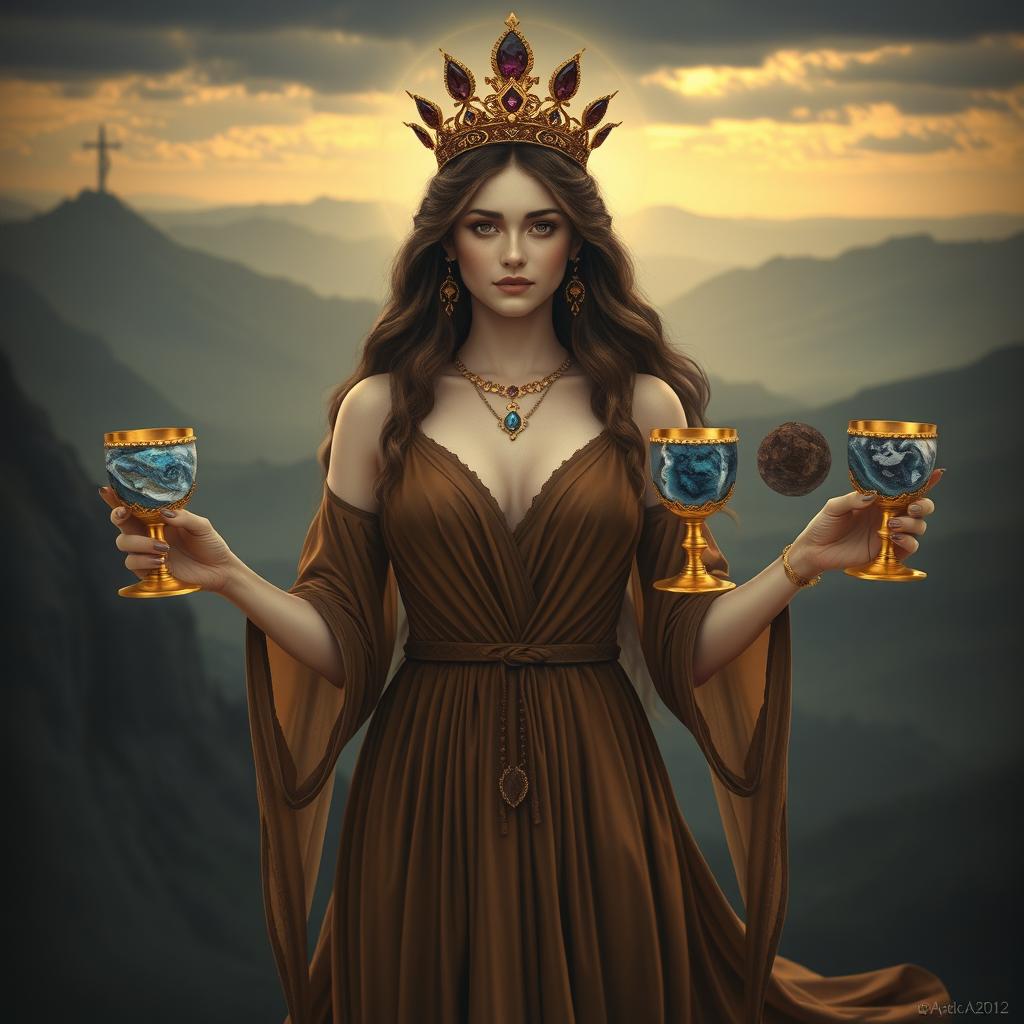 A captivating goddess of apathy, shown front on, holding four golden goblets adorned with lepidolite and blue lace agate, symbolizing detachment and introspection