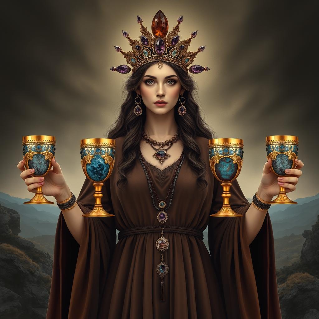 A captivating goddess of apathy, shown front on, holding four golden goblets adorned with lepidolite and blue lace agate, symbolizing detachment and introspection