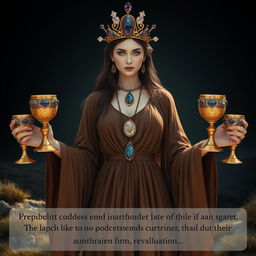 A captivating goddess of apathy, shown front on, holding four golden goblets adorned with lepidolite and blue lace agate, symbolizing detachment and introspection