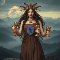 A captivating goddess of apathy, shown front on, holding four golden goblets adorned with lepidolite and blue lace agate, symbolizing detachment and introspection