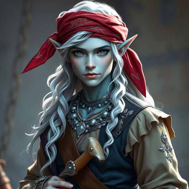 A young male sea elf, characterized by his light blue skin and long wavy white hair, embodies a swashbuckling style