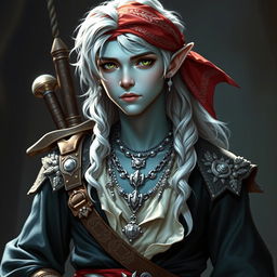 A young male sea elf, characterized by his light blue skin and long wavy white hair, embodies a swashbuckling style