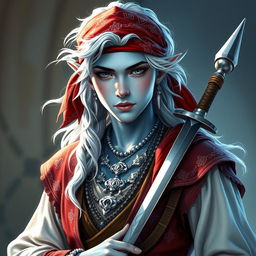 A young male sea elf, characterized by his light blue skin and long wavy white hair, embodies a swashbuckling style