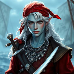 A young male sea elf, characterized by his light blue skin and long wavy white hair, embodies a swashbuckling style