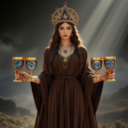 A captivating goddess of apathy, shown front on, holding four golden goblets adorned with lepidolite and blue lace agate, symbolizing detachment and introspection