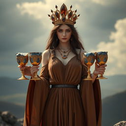 A captivating goddess of apathy, shown front on, holding four golden goblets adorned with lepidolite and blue lace agate, symbolizing detachment and introspection