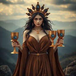 A captivating goddess of apathy, shown front on, holding four golden goblets adorned with lepidolite and blue lace agate, symbolizing detachment and introspection