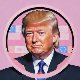 NFT-style pixel art of an ultra kawaii Donald Trump in a profile picture, incorporating internet culture and memes, encased within a funky circle border, exhibiting a glitching effect for mega vibes.