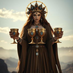 A captivating goddess of apathy, shown front on, holding four golden goblets adorned with lepidolite and blue lace agate, symbolizing detachment and introspection