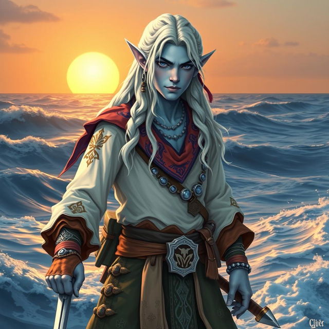 A male sea elf with long wavy white hair and light blue skin, wearing baggy swashbuckler clothes adorned with intricate patterns, a colorful bandana, and a rapier on his hilt