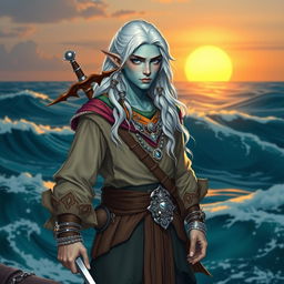 A male sea elf with long wavy white hair and light blue skin, wearing baggy swashbuckler clothes adorned with intricate patterns, a colorful bandana, and a rapier on his hilt