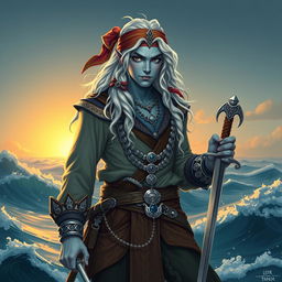 A male sea elf with long wavy white hair and light blue skin, wearing baggy swashbuckler clothes adorned with intricate patterns, a colorful bandana, and a rapier on his hilt