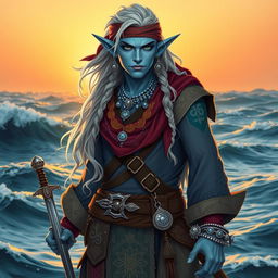 A male sea elf with long wavy white hair and light blue skin, wearing baggy swashbuckler clothes adorned with intricate patterns, a colorful bandana, and a rapier on his hilt