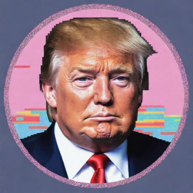 NFT-style pixel art of an ultra kawaii Donald Trump in a profile picture, incorporating internet culture and memes, encased within a funky circle border, exhibiting a glitching effect for mega vibes.