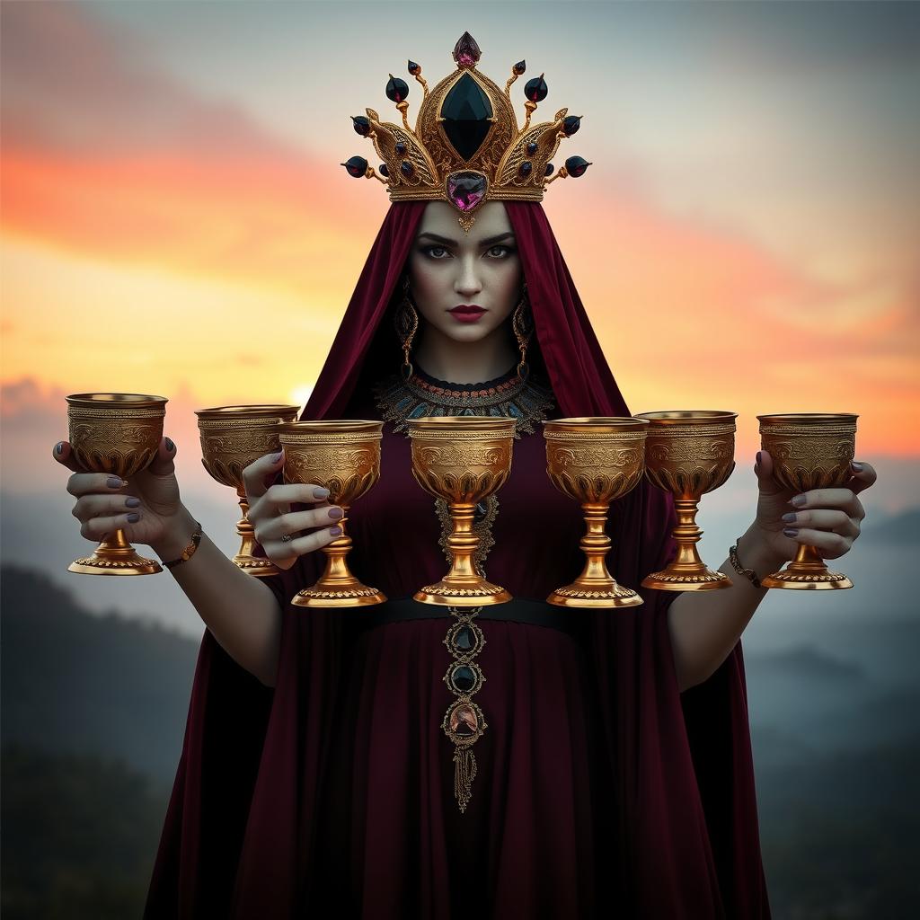 A mysterious goddess of apathy displayed front on, holding five golden goblets adorned with black onyx and smoky quartz, symbols of protection and grounding