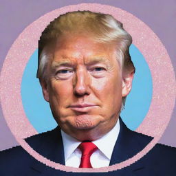 NFT-style pixel art of an ultra kawaii Donald Trump in a profile picture, incorporating internet culture and memes, encased within a funky circle border, exhibiting a glitching effect for mega vibes.