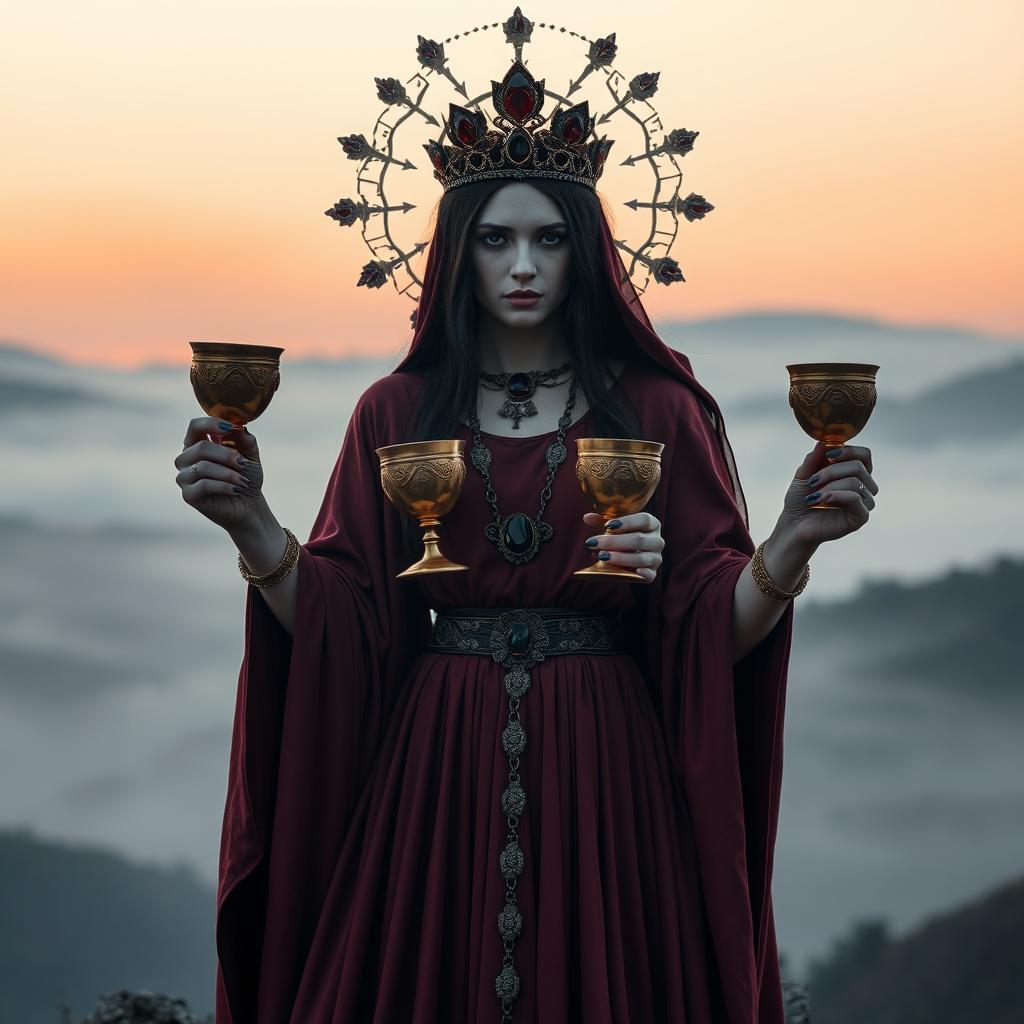 A mysterious goddess of apathy displayed front on, holding five golden goblets adorned with black onyx and smoky quartz, symbols of protection and grounding