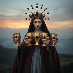 A mysterious goddess of apathy displayed front on, holding five golden goblets adorned with black onyx and smoky quartz, symbols of protection and grounding