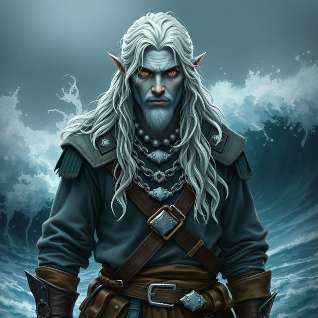 A rough male sea elf with long wavy white hair and light blue skin, dressed in baggy swashbuckler clothes adorned with numerous pieces of silver jewelry