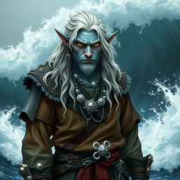 A rough male sea elf with long wavy white hair and light blue skin, dressed in baggy swashbuckler clothes adorned with numerous pieces of silver jewelry