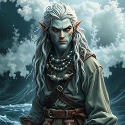 A rough male sea elf with long wavy white hair and light blue skin, dressed in baggy swashbuckler clothes adorned with numerous pieces of silver jewelry