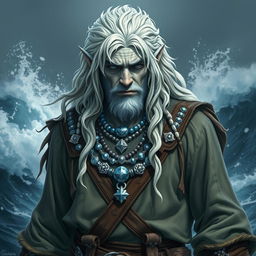 A rough male sea elf with long wavy white hair and light blue skin, dressed in baggy swashbuckler clothes adorned with numerous pieces of silver jewelry