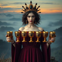 A mysterious goddess of apathy displayed front on, holding five golden goblets adorned with black onyx and smoky quartz, symbols of protection and grounding