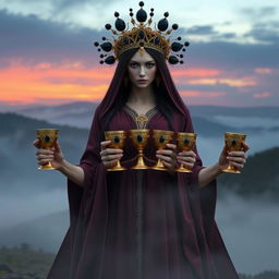 A mysterious goddess of apathy displayed front on, holding five golden goblets adorned with black onyx and smoky quartz, symbols of protection and grounding