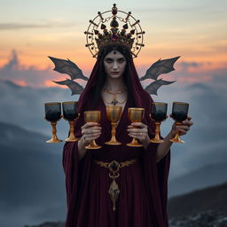 A mysterious goddess of apathy displayed front on, holding five golden goblets adorned with black onyx and smoky quartz, symbols of protection and grounding